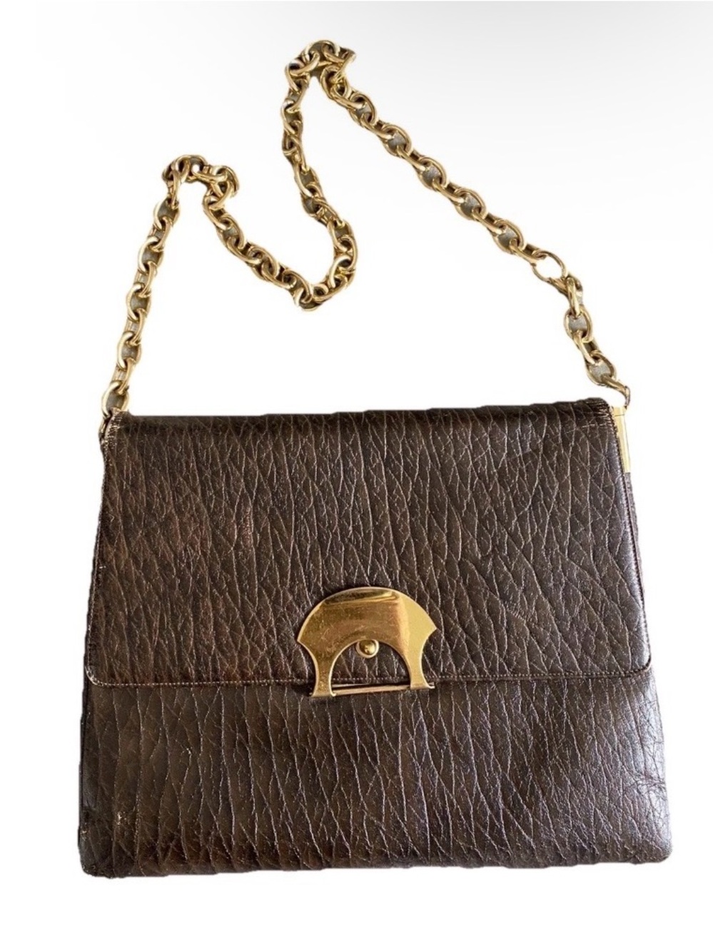 Vintage Brown Leather Pebbled Purse Shoulder Bag Gold Chain 1960s 12” x 10”